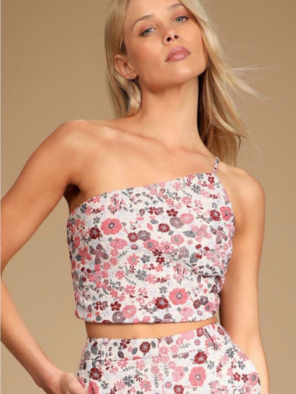 Worn once!! Floral One-Shoulder Crop Top in Blush Pink